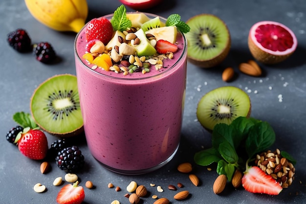 Un smoothie préparé avec une variété de fruits et légumes frais surmontés d'une pincée de noix et de graines