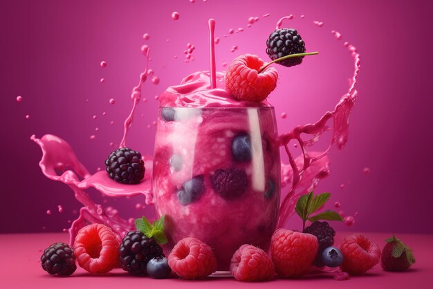 un smoothie qui regorge de fruits, notamment de baies et de framboises, ainsi que de lait