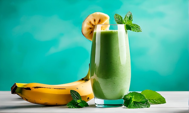 Un smoothie sain à la banane et à la menthe sur une table avec des ingrédients sur un fond bleu avec espace de copie