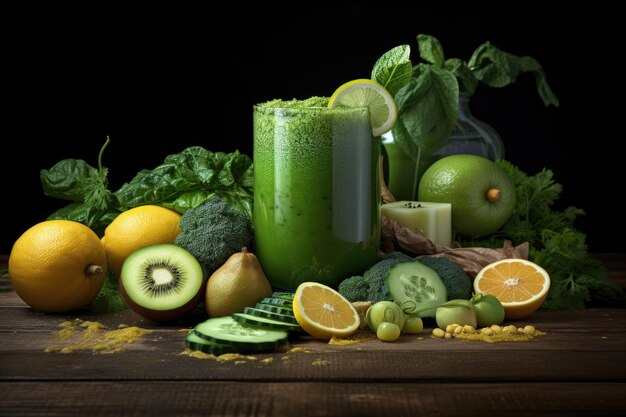 Un smoothie sain composé de fruits et légumes verts frais d'origine biologique mélangés ensemble