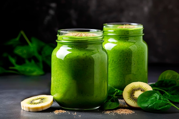 smoothie santé vert avec feuilles de chou frisé citron vert pomme kiwi raisins banane avocat laitue dans des tasses en pot de verre