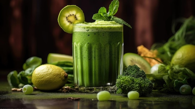 Un smoothie vert à base d'herbes et de légumes rafraîchissant sain mode de vie sain épinards concombre kiwi citron vert généré ai