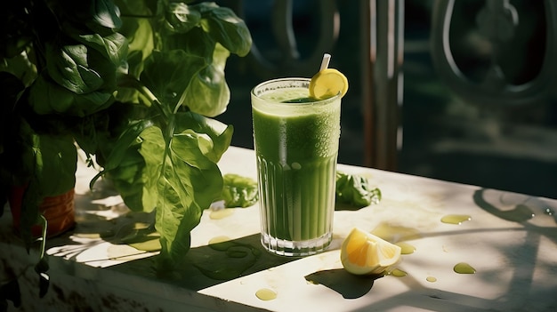 Un smoothie vert avec du citron et de la paille sur la table.