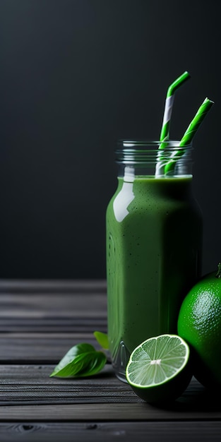 Un smoothie vert avec une paille dedans et un citron vert en arrière-plan