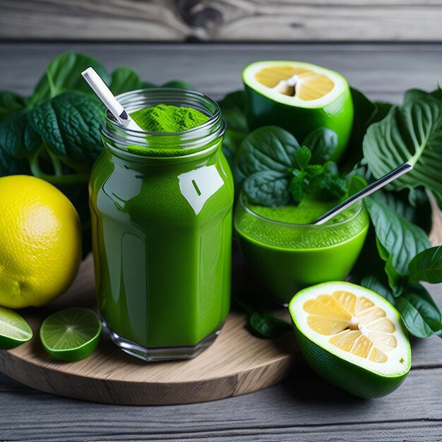 Photo un smoothie vert avec une paille et une paille est posé sur une table en bois.