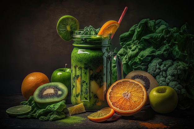 Un smoothie vert rafraîchissant à base d'ingrédients riches en nutriments comme les fruits à feuilles vertes et le lait à base de plantes Ce smoothie fournit un regain d'énergie et d'hydratation sain et délicieux AI