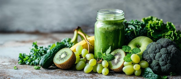 Un smoothie vert sain et des ingrédients frais sur la table