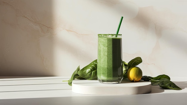 un smoothie vert servi dans un verre avec une paille accompagné d'épinards frais sur une surface de marbre conçue avec une composition ou une scène de style moderne minimaliste