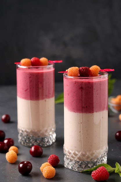 Smoothies aux baies de framboise jaune et de cerise dans des verres sur une surface sombre, photo verticale