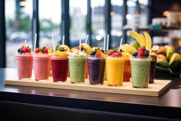 Photo smoothies frais présentés dans un café du centre de remise en forme