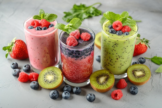 Smoothies de fruits frais colorés dans des verres générés par l'intelligence artificielle