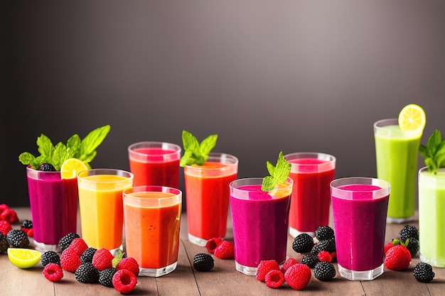 Des smoothies multicolores dans différents verres se tiennent sur une table en bois sombre des baies des fruits et des légumes verts sont coupés à proximité