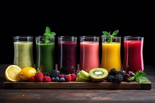 des smoothies multicolores sur une table en bois foncé