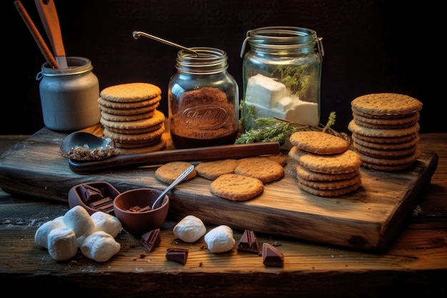 Smores ingrédients disposés sur une table en bois rustique créée avec ai générative