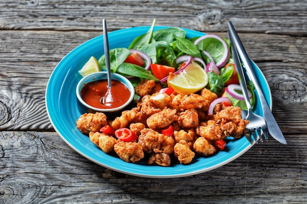 Snack américain de poulet pop-corn croustillant servi sur une assiette bleue avec ketchup et salade de bébés épinards, oignons rouges, tomates cerises et quartiers de citron sur une table en bois, vue de dessus, gros plan