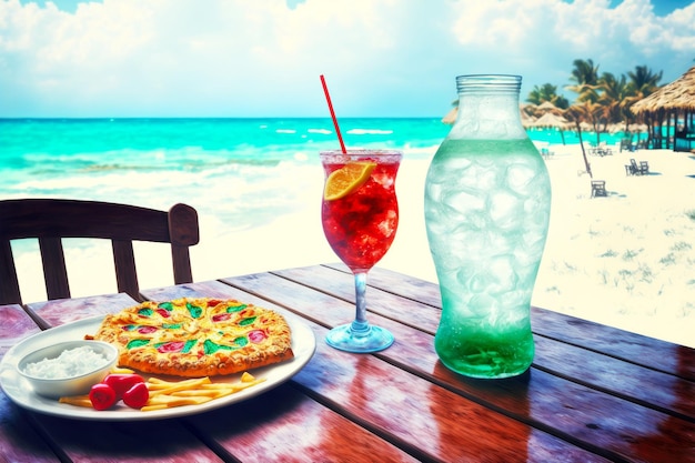 Snack avec boissons non alcoolisées à table en bord de mer dans un café de la station balnéaire