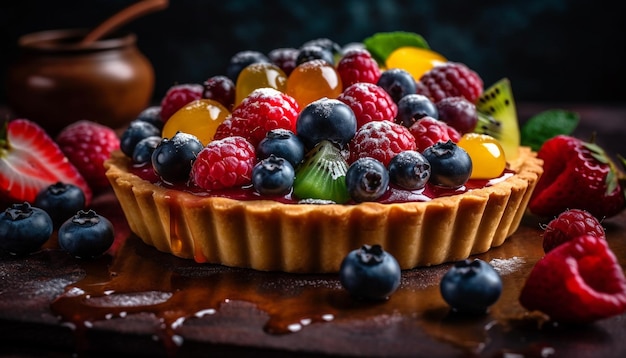 Snack d'été sain tarte aux baies faite maison avec des bleuets et des framboises frais générés par l'intelligence artificielle