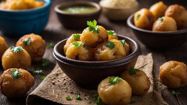 Snack traditionnel de rue sous-continental à base de pois chiches, pommes de terre, pani puri, fuska avec sauce de tamarindes