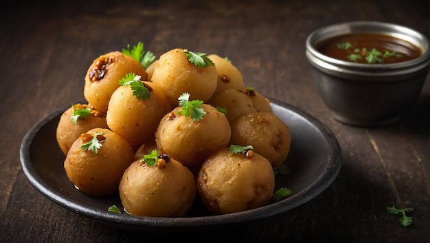 Snack traditionnel de rue sous-continental à base de pois chiches, pommes de terre, pani puri, fuska avec sauce de tamarindes