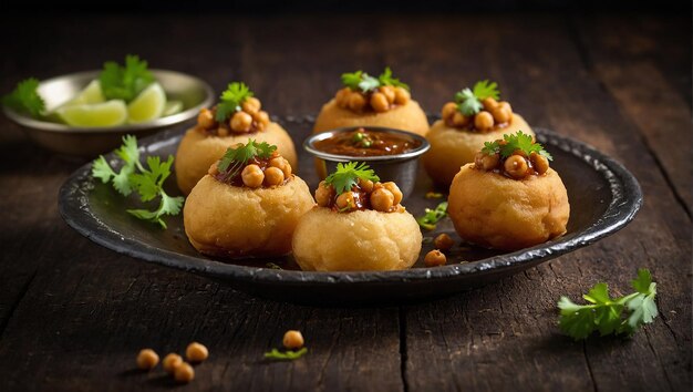 Snack traditionnel de rue sous-continental à base de pois chiches, pommes de terre, pani puri, fuska avec sauce de tamarindes