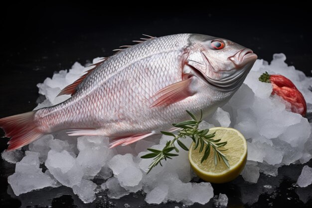 Des snapper rouges frais sur glace avec du citron et des herbes