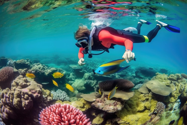 Snorkeler avec caméra sous-marine explorant un récif coloré créé avec une IA générative