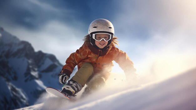 snowboard enfant dans les montagnes d'hiver