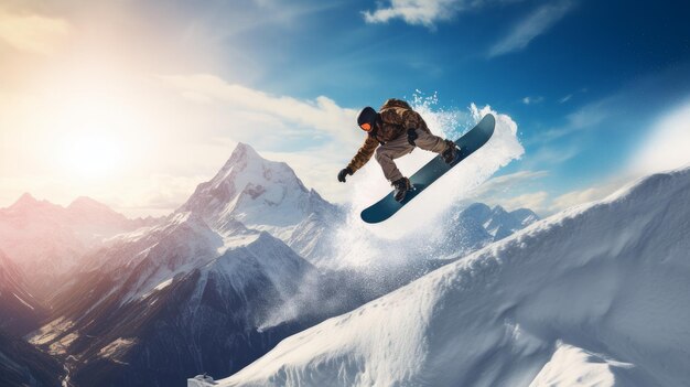 Snowboarder actif extrême sautant à grande vitesse dans une station de ski pendant les vacances et les vacances d'hiver