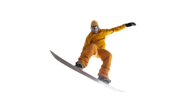 Snowboarder en action isolé sur blanc