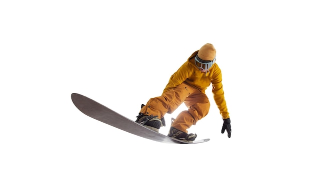 Snowboarder en action isolé sur blanc