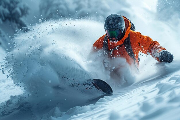 Un snowboarder creuse un chemin à travers de la poudre fraîche