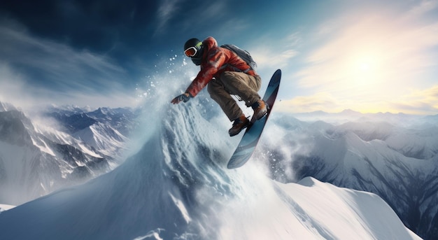 le snowboarder est en l'air sur une pente enneigée