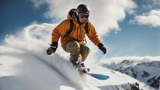 Le snowboarder fait une descente rapide et dangereuse dans les montagnes.