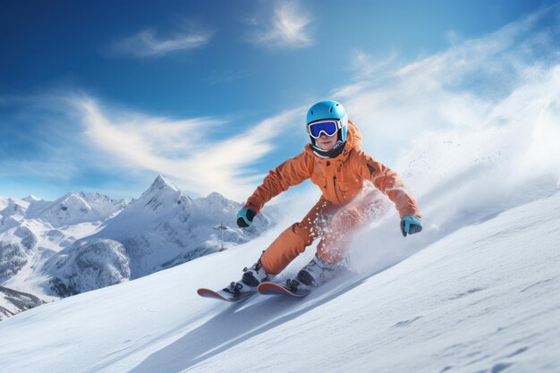 Snowboarder féminin sur piste de ski station enneigée dans la lumière de la neige Sport personne nature courage sain Générer Ai