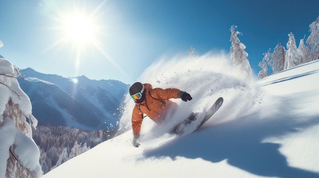 un snowboarder glisse sur la neige propre d'un flanc de montagne