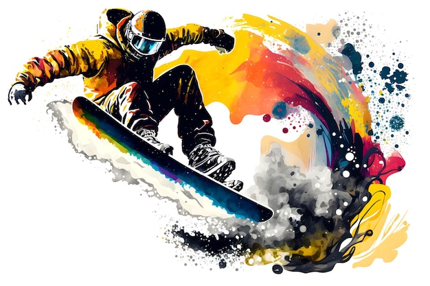 Snowboarder homme sauter sur snowboard avec splash aquarelle arc-en-ciel isolé sur fond blanc art généré par le réseau de neurones