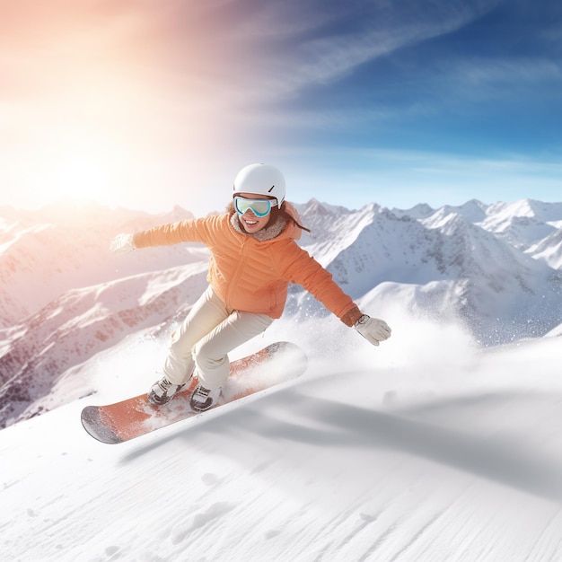 Un snowboarder sautant en l'air contre des montagnes enneigées sous un ciel bleu
