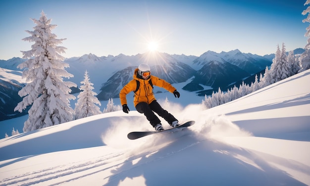 Photo snowboarder sautant dans les montagnes au coucher du soleil sport hivernal extrême