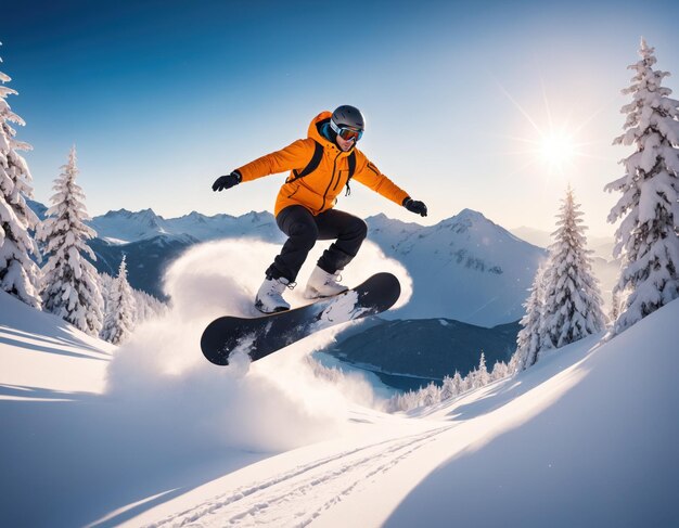 Photo snowboarder sautant dans les montagnes au coucher du soleil sport hivernal extrême