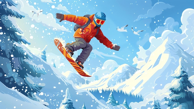 Un snowboarder saute d'une montagne enneigée Le snowboarder porte une veste rouge et orange et un casque bleu