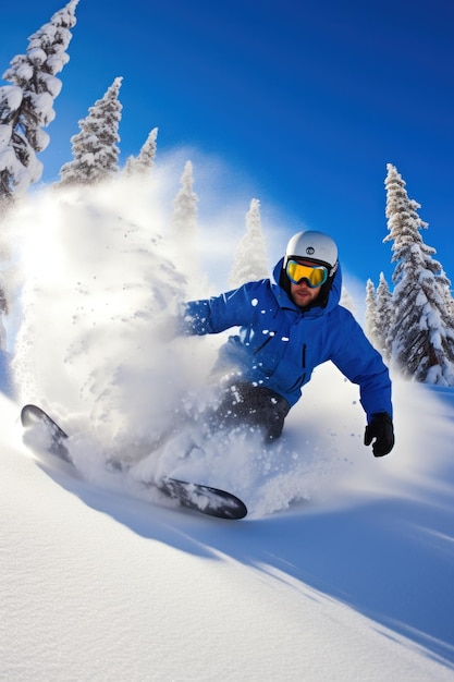 Un snowboarder sculptant à travers un halfpipe avec un ciel bleu clair au-dessus