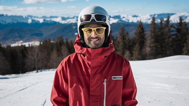 Photo un snowboarder en veste rouge, un casque blanc et des lunettes jaunes pose sur la colline.