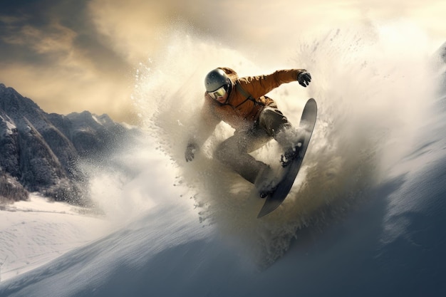 Photo snowboarder volant sur les montagnes sport hivernal extrême 3d rendering snowboarding extrême sur la neige sans visages visibles généré par l'ia