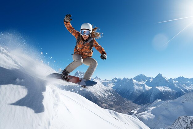 Snowboarder volant sur les montagnes Sport hivernal extrême rendu en 3D