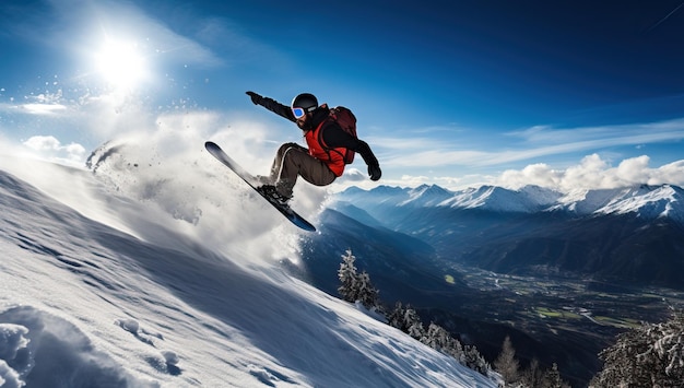 Snowboarder volant sur les montagnes Sports d'hiver extrêmes