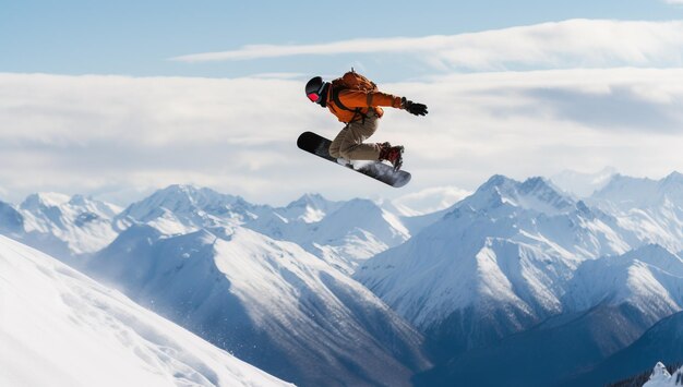 Snowboarder volant sur les montagnes Sports d'hiver extrêmes