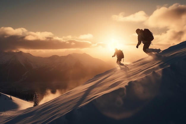 Snowboarders dans un saut sur une compétition de haute montagne