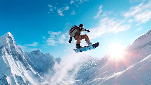 Un snowboardeur saute sur fond de montagnes et un ciel bleu avec des nuages Generative AI