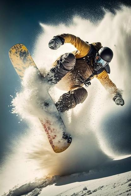 Un snowboardeur en veste jaune est dans les airs et a le mot neige en bas.