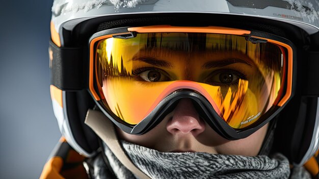 Une snowboardeuse heureuse et souriante portant un casque et des lunettes de ski avec le reflet des Alpes enneigées Portrait en gros plan d'une femme joyeuse en vacances de ski Copier l'espace